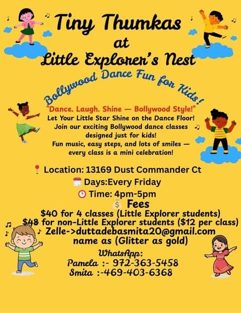Tiny Thumkas offers weekly Bollywood dance classes for kids at Little Explorer's Nest. Classes are held every Friday from 4 PM to 5 PM, focusing on fun music and easy steps.