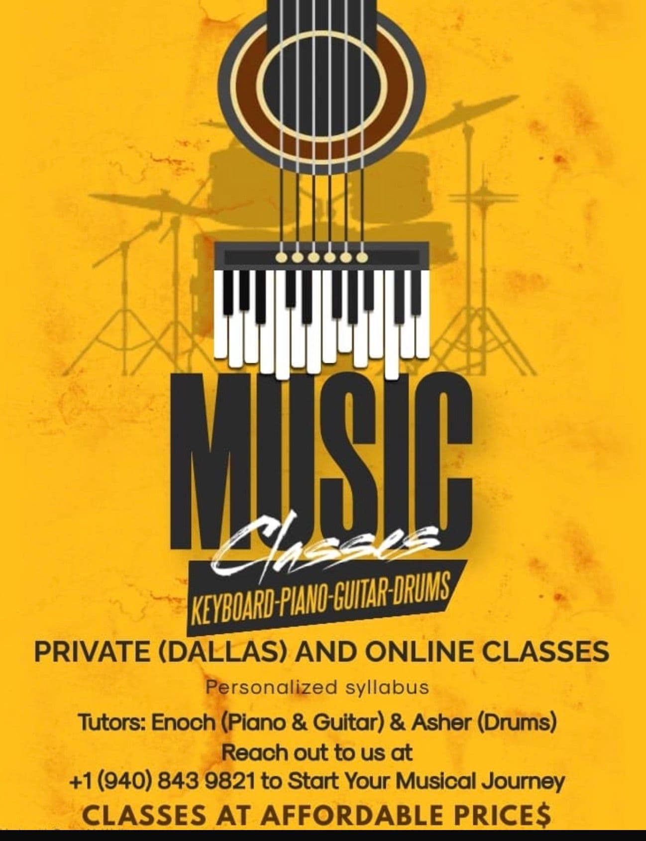 Offering personalized private and online music classes for keyboard, piano, guitar, and drums. Private lessons are available in Dallas.