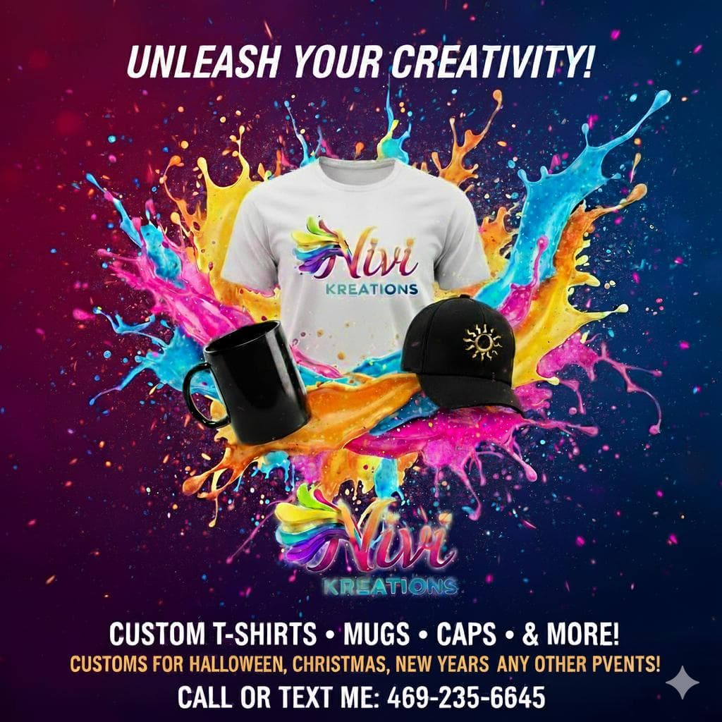 Nivi Kreations offers custom printing services for a variety of items including t-shirts, mugs, and caps. They provide customizations for holidays like Halloween, Christmas, and New Year's.