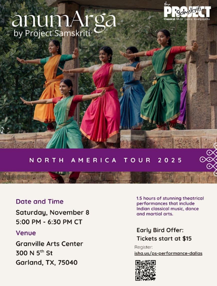 Project Samskriti presents anumArga, a 1.5-hour theatrical performance of Indian classical music, dance, and martial arts as part of their 2025 North America tour.