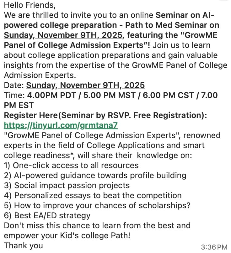 Join a free online seminar on November 9th, 2025, focusing on AI-powered college preparation and medical school admissions, presented by the GrowME Panel of College Admission Experts.