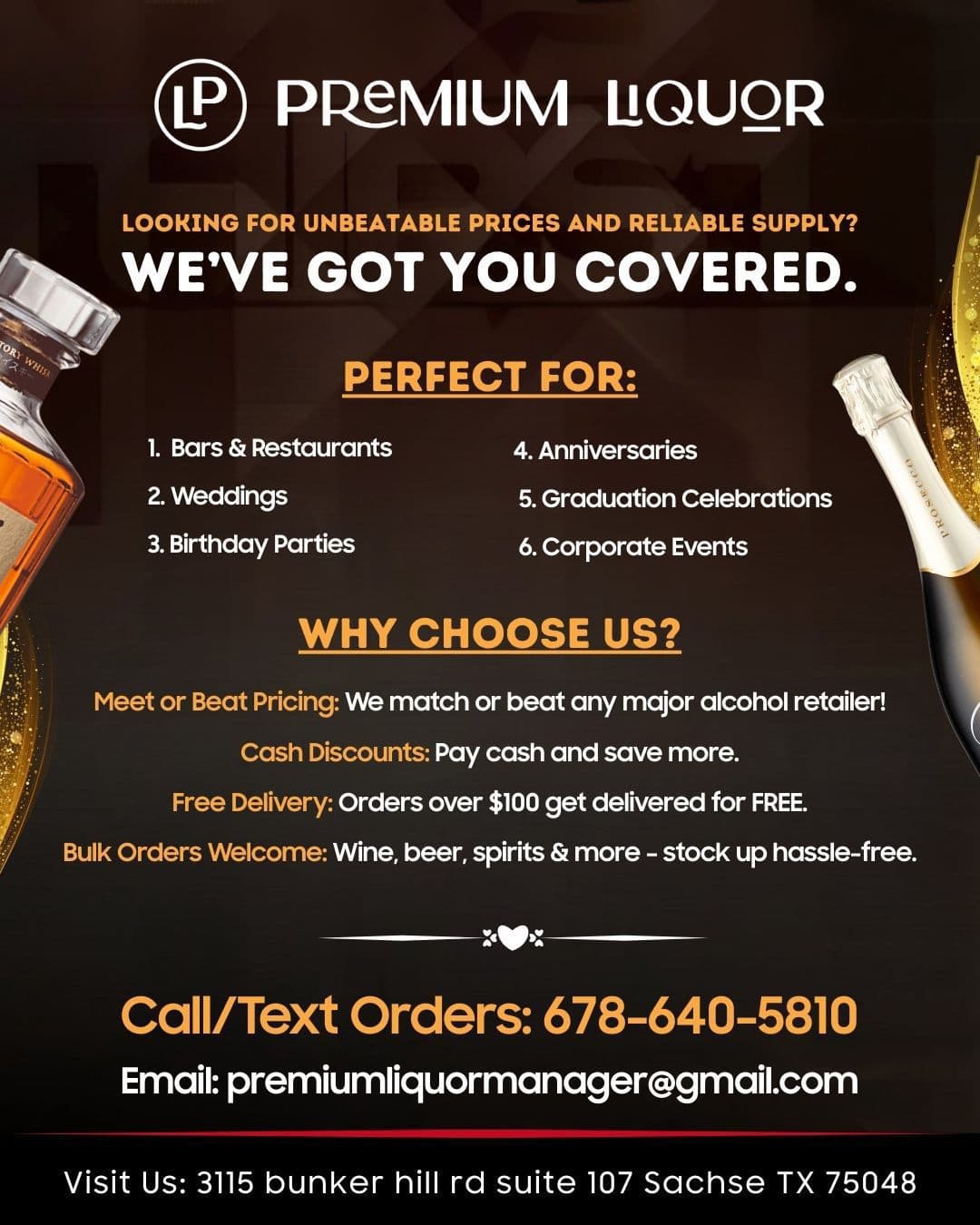 Premium Liquor in Sachse, TX, offers a wide selection of alcoholic beverages for events and personal use, featuring price matching, cash discounts, and free delivery on orders over $100.
